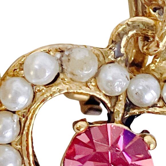 Vintage Y2K Gold Tone Heart Clip On Earrings Pink Blue Rhinestone Faux Pearl - Picture 7 of 12